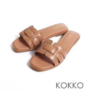 【KOKKO 集團】渡假感皮革編織平底涼拖鞋(棕色)