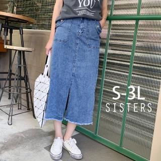 【SISTERS】現貨 高腰顯瘦感前開衩牛仔裙 長裙/S-3L(牛仔裙/顯瘦/中長裙/加大/丹寧/裙子)