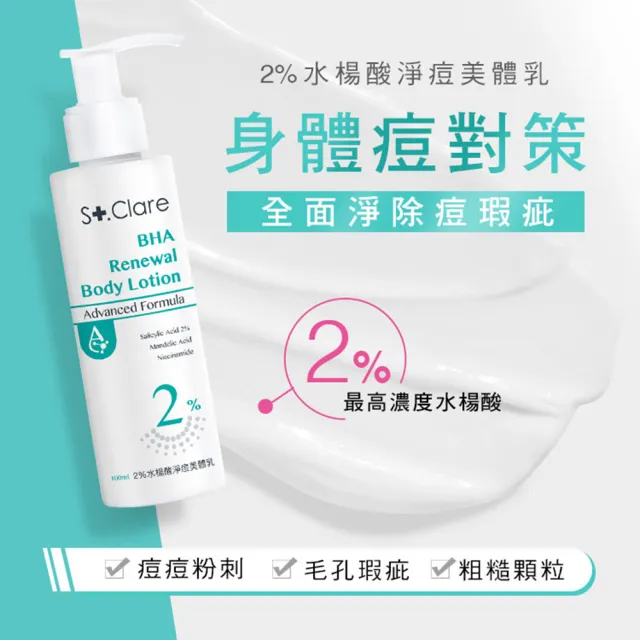 【St.Clare 聖克萊爾】2%水楊酸背痘噴霧+2%水楊酸淨痘美體乳+10%果酸煥白美體乳