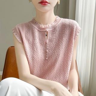 【Paiya 派亞】無袖春夏蕾絲釘珠袖針織背小香風內搭針織打底衫短袖T恤上衣(均碼S-2XL可穿)