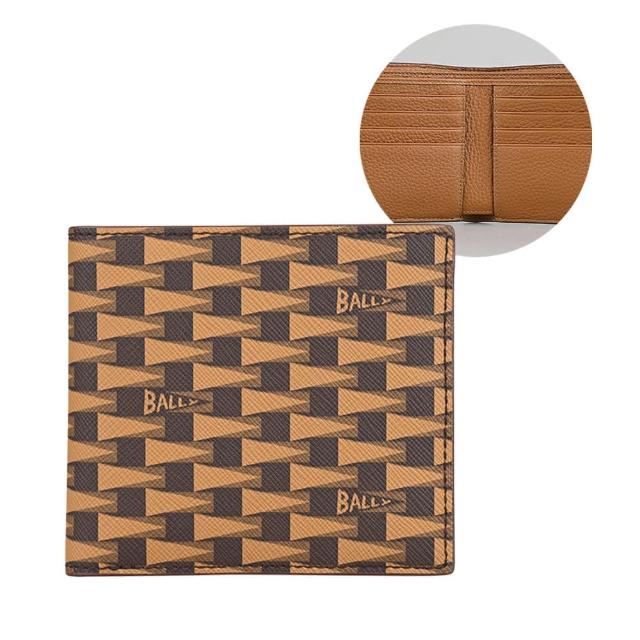 【BALLY】BALLY三角旗印花TPU搭配荔枝紋8卡對折短夾(沙漠棕x棕)