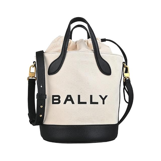 BALLY BALLY BAR字母LOGO織物拼皮革束口手提斜背兩用包 米白x黑