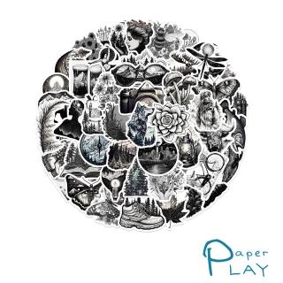 【Paper Play】創意多用途防水貼紙-復古手繪黑白自然插畫 60枚入(防水貼紙 行李箱貼紙 手機貼紙 水壺貼紙)