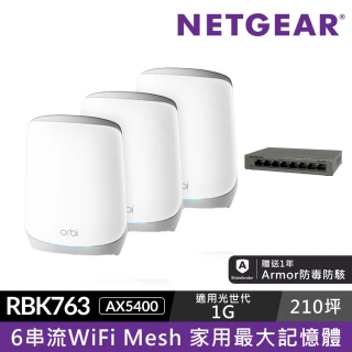 NETGEAR 搭8埠交換器 ★ 3入 WiFi 6 三頻 AX5400 Mesh 路由器/分享器 (Orbi RBK763)