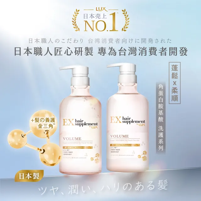 【LUX 麗仕】新升級 日本製髮的補給 胺基酸洗髮精/護髮乳450gx3入(絲蛋白/膠原蛋白/角蛋白/冰河水)