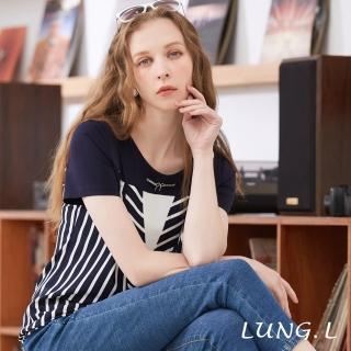 【LUNG.L 林佳樺】LP54A藍色條紋拼接素面棉質短袖上衣(加大尺碼)