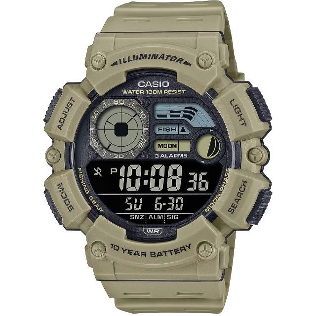 【CASIO 卡西歐】卡其10年電力水上運動手錶 月相資訊 釣魚模式 送禮 禮物 推薦(WS-1500H-5BV)