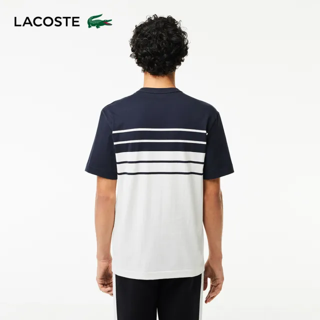 【LACOSTE】男裝-法國製 條紋撞色平紋針織短袖T恤(黑/白配色)