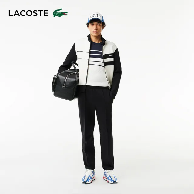 【LACOSTE】男裝-法國製 條紋撞色平紋針織短袖T恤(黑/白配色)