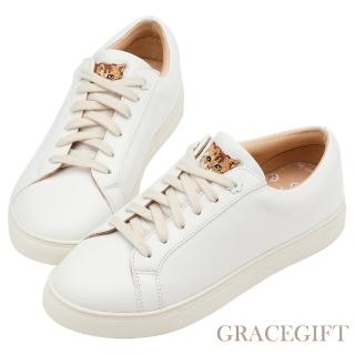 【Grace Gift】PAUL & JOE聯名-牛皮小棕貓大頭內增高小白鞋(白)