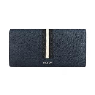 【BALLY】TONGY銀色金屬LOGO黑白條紋粒面牛皮10卡對折長夾(深藍)