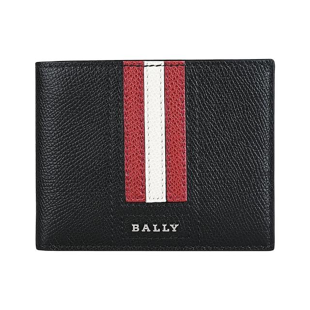 【BALLY】TVEYE銀色金屬LOGO紅白條紋粒面牛皮6卡對折短夾(黑)