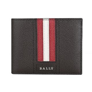 【BALLY】TEVYE銀色金屬LOGO紅白條紋粒面牛皮6卡短夾(咖啡)