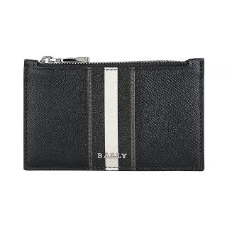 【BALLY】BABE銀色金屬LOGO黑白條紋粒面牛皮5卡拉鍊卡夾零錢包(黑)