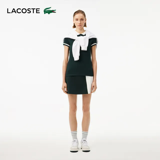 【LACOSTE】女裝-法國製造條紋網眼短袖Polo衫(深綠色)