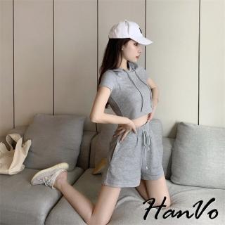 【HanVo】現貨 抽繩連帽短袖套裝兩件式套裝(連帽短版休閒運動套裝 韓系女裝 女生衣著 5993)