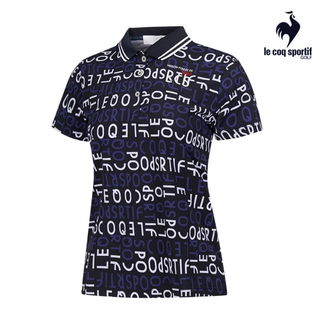 LE COQ SPORTIF 公雞 高爾夫系列 女款藏青色滿版LOGO高機能防曬短袖POLO衫 QLT2J203