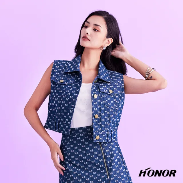 【HONOR 山形屋】蝴蝶結圖案無袖鈕釦短版背心外套