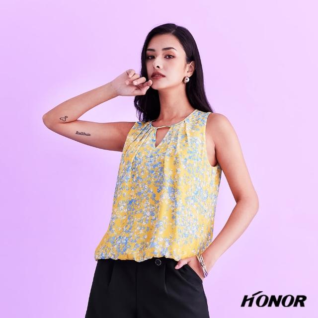 【HONOR 山形屋】領環V領碎花束下擺無袖上衣-藍/黃