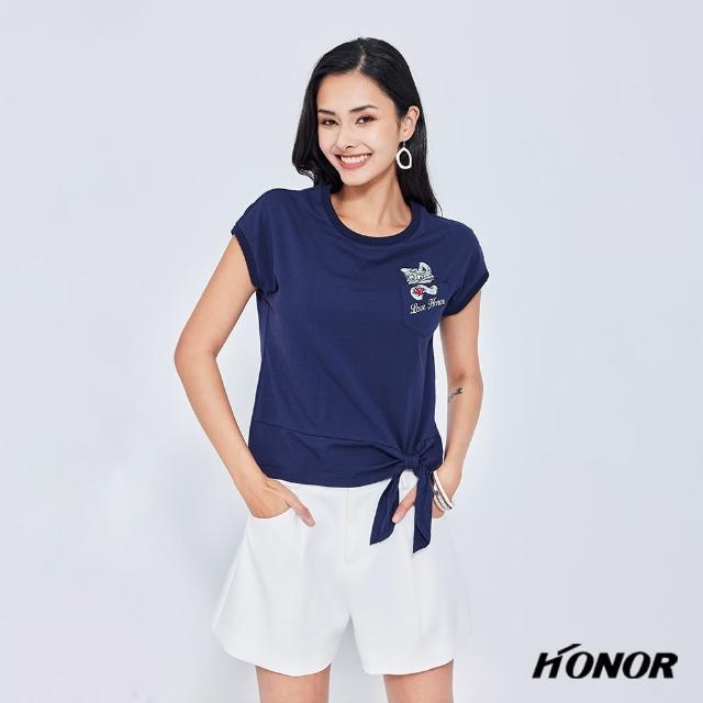 【HONOR 山形屋】圓領俏皮圖案綁帶上衣-藍/灰