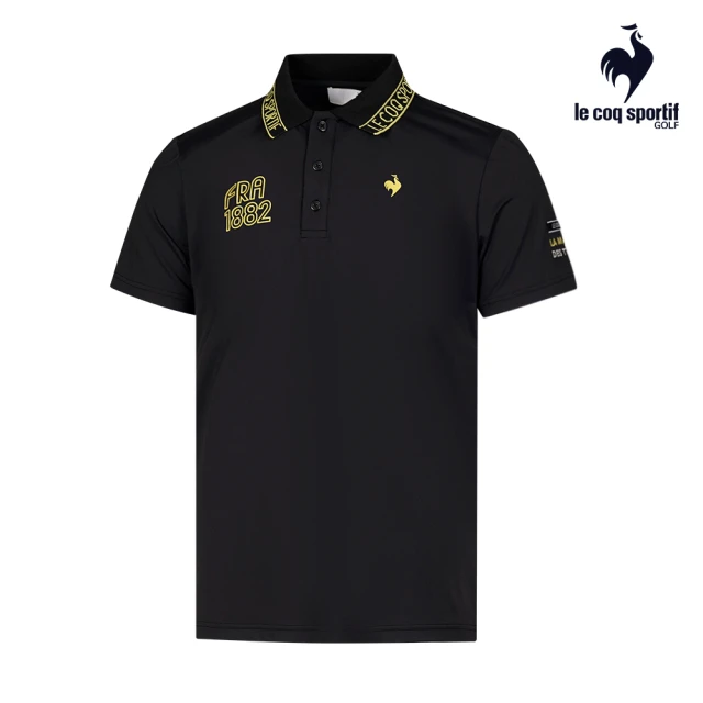 LE COQ SPORTIF 公雞 高爾夫系列 男款黑色特色編織領片涼感防曬短袖POLO衫 QGT2T208