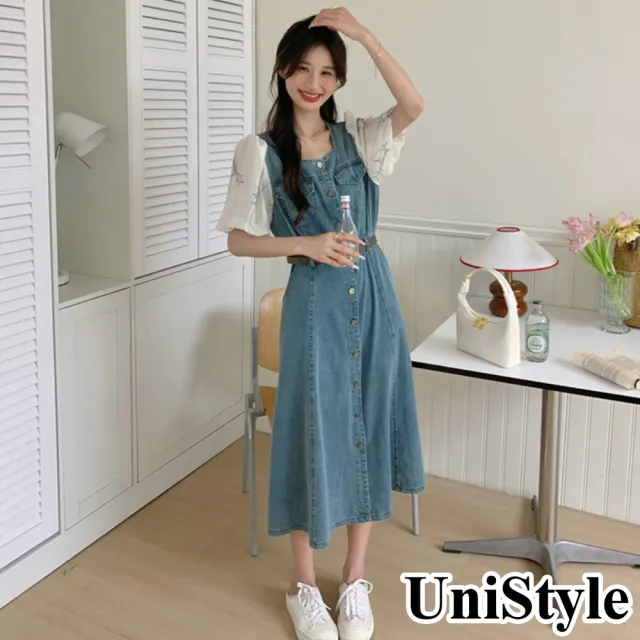 【UniStyle】短袖洋裝 韓系泡泡袖牛仔拼接收腰連身裙 女 ZMC098-819(牛仔藍)