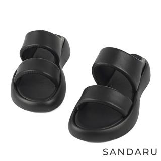 【SANDARU 山打努】拖鞋 澎澎寬帶牛皮軟彈厚底鞋(黑)