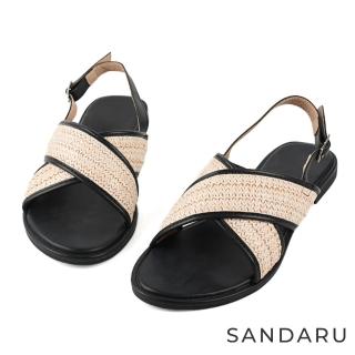 【SANDARU 山打努】涼鞋 滾邊草編寬版交叉平底鞋(黑)