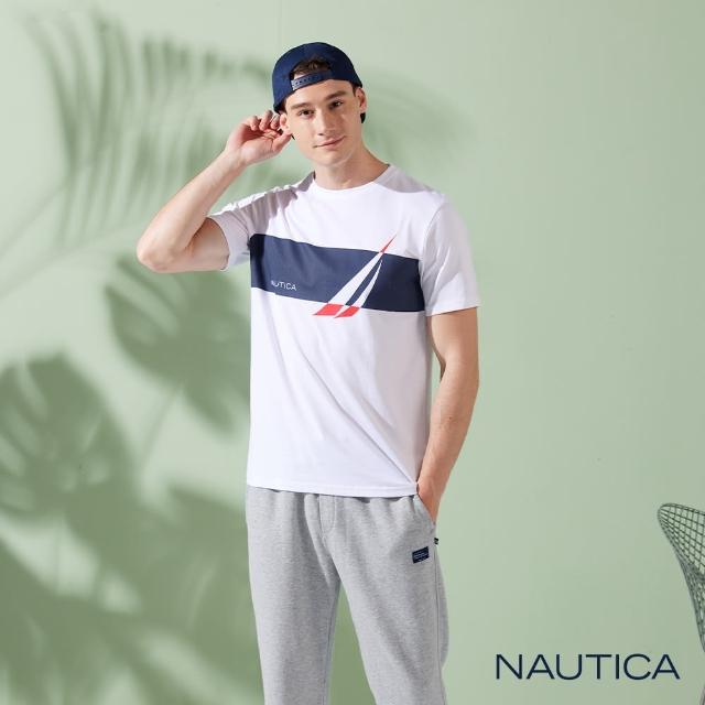 【NAUTICA】男裝 拼接撞色LOGO帆船圖騰短袖T恤(白色)