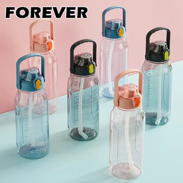 日本FOREVER 大容量健身運動水壺/喝水提示/彈蓋吸管1500ML(買一送一)