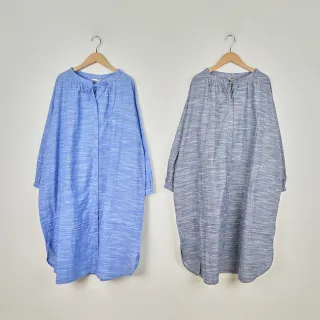 【MOSS CLUB】日本夾紗布小立領抽繩長袖洋裝(淺藍 深藍)