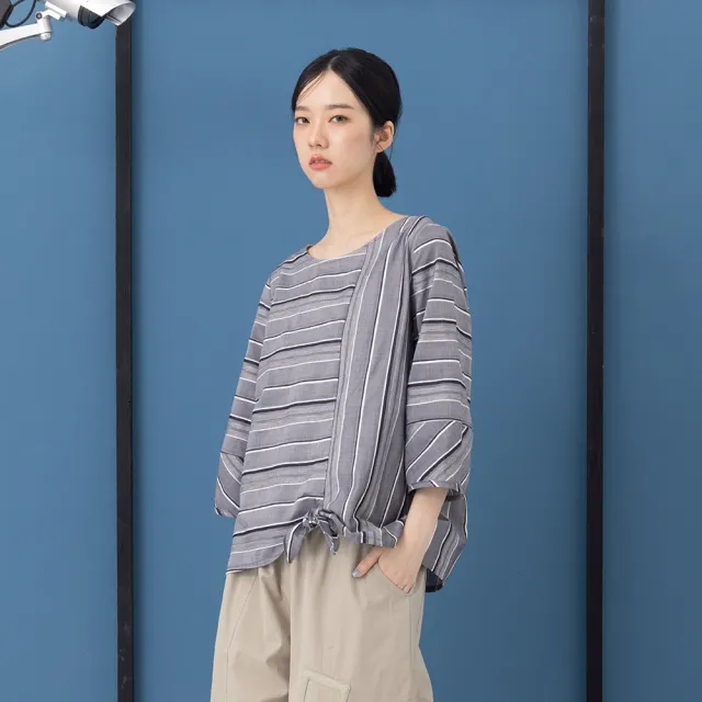 【MOSS CLUB】日本素材綁結條紋圓領七分袖上衣(藍 黑 米)