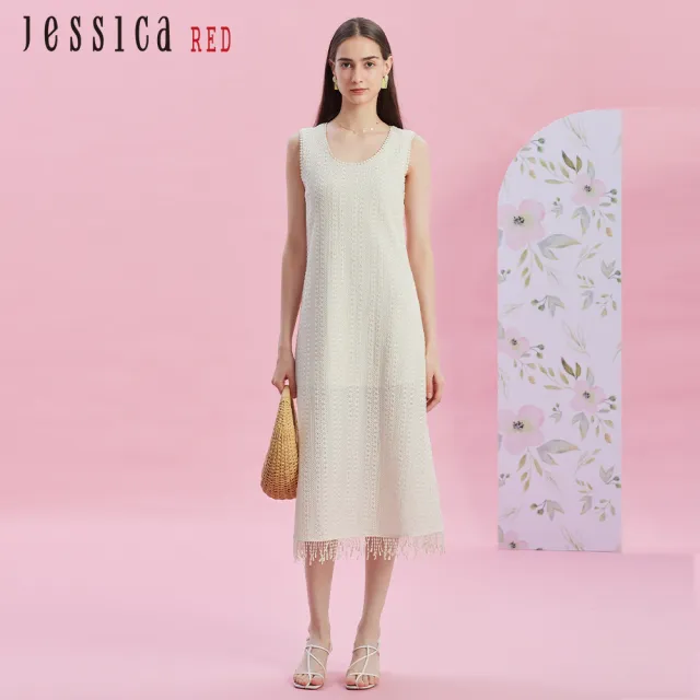 【Jessica Red】溫柔氣質蕾絲無袖背心長裙R43702（白）