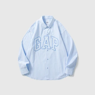 【GAP】男女同款 Logo純棉翻領長袖襯衫-藍色(461250)
