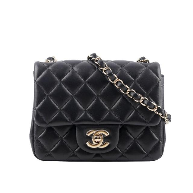 【CHANEL 香奈兒】金色CC Logo 菱格紋小羊皮迷你口蓋包/方胖包(黑色)
