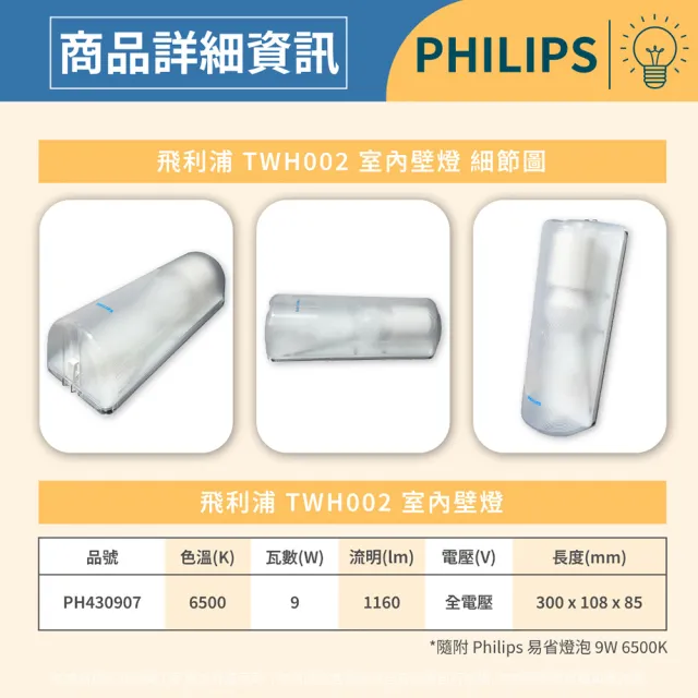 【Philips 飛利浦】2入 LED TWH002 9W 865 白光 壁燈 吸頂燈 樓梯燈 附燈泡(附燈泡 9W 白光)全電壓