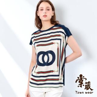 【TOWN’WEAR 棠葳】質感印圖落肩上衣(中大尺碼/女上衣/女上著/開衩/拼接/清涼)