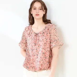 【TOWN’WEAR 棠葳】優雅花卉翦花雪紡上衣(中大尺碼/女上衣/女上著/短袖/透膚/領結/翻領)