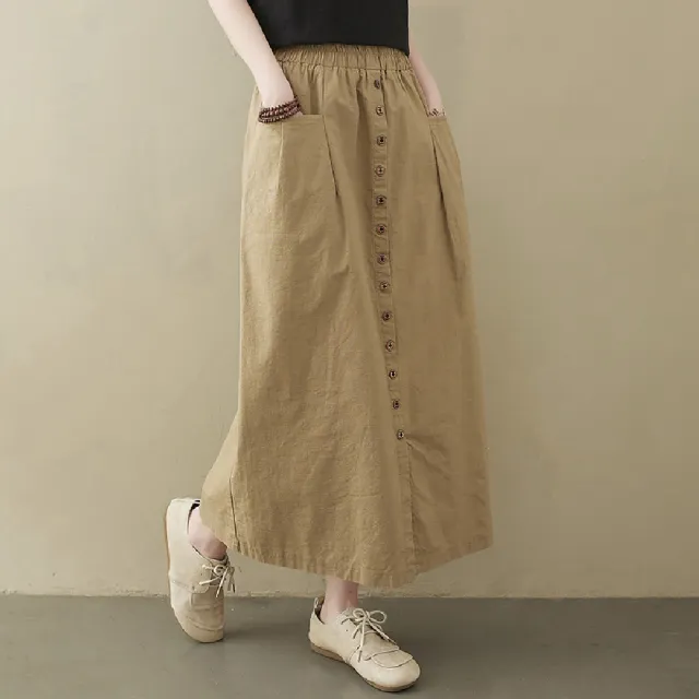 【LANNI 藍尼】★工裝設計舒適前開岔長裙(女裝/洋裝/套裝/長版上衣/連身裙)