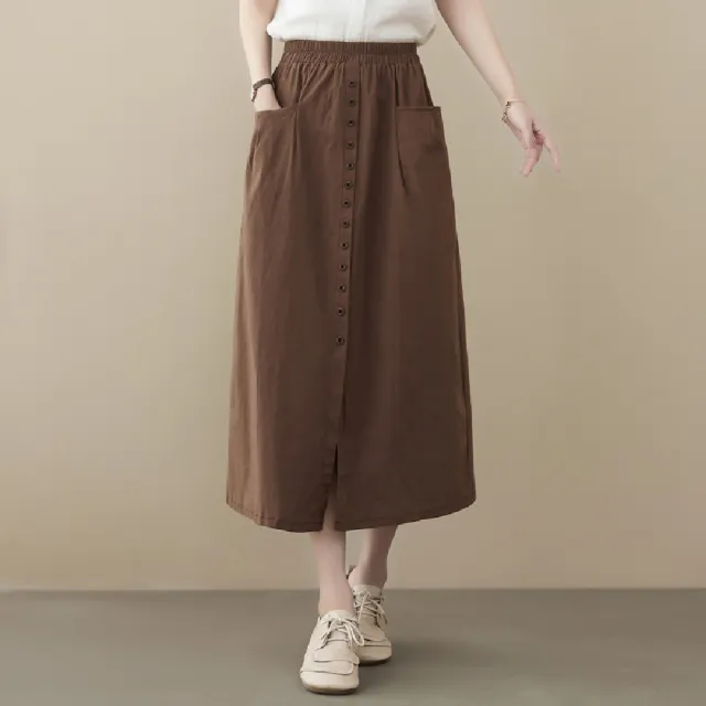 【LANNI 藍尼】★工裝設計舒適前開岔長裙(女裝/洋裝/套裝/長版上衣/連身裙)