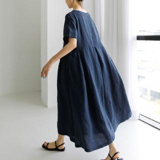 【LANNI 藍尼】★寬鬆棉麻感圓領連身裙(女裝/洋裝/套裝/長版上衣/連身裙)