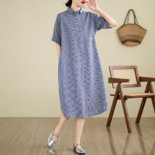 【LANNI 藍尼】★復古百搭休閒格子連身裙(女裝/洋裝/套裝/長版上衣/連身裙)