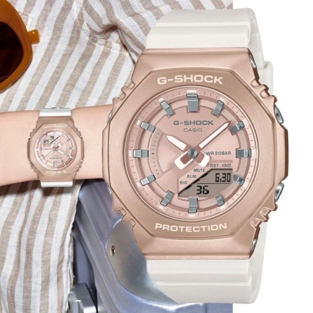 CASIO 卡西歐 G-SHOCK 八角形錶殼 農家橡樹 優雅雙顯腕錶 -蜜桃金(GM-S2100CW-7A)