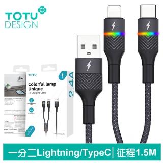 【TOTU 拓途】一分二 USB-A TO Lightning/Type-C 1.5M 快充/充電線 征程(iPhone充電線)