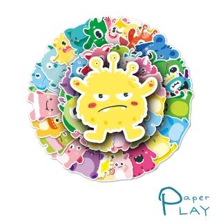 【Paper Play】創意多用途防水貼紙-卡通塗鴉小怪獸 50枚入(防水貼紙 行李箱貼紙 手機貼紙 水壺貼紙)
