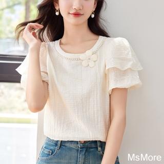 【MsMore】清新甜美杏色珍珠圓領雪紡衫泡泡袖短袖短版上衣#121921(杏)
