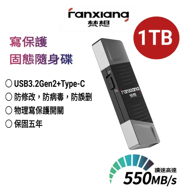 【FANXIANG 梵想】F397 1TB寫保護固態隨身碟 USB3.2Gen2+Type-C(讀速550MB/s寫速500MB/s)