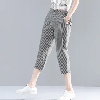 【ACheter】薄款棉麻感七分褲大碼顯瘦寬鬆條紋蘿蔔哈倫休閒褲#121806(黑白)