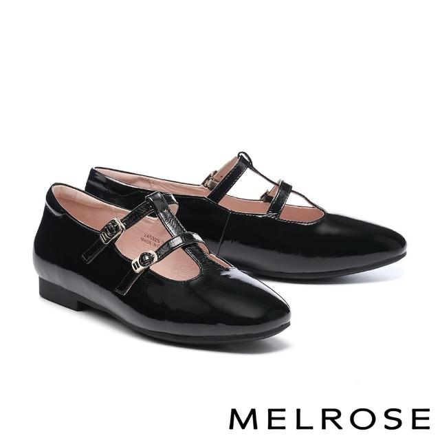 【MELROSE】雙11 美樂斯 簡約復古雙繫帶全真皮瑪莉珍方頭低跟鞋(黑)