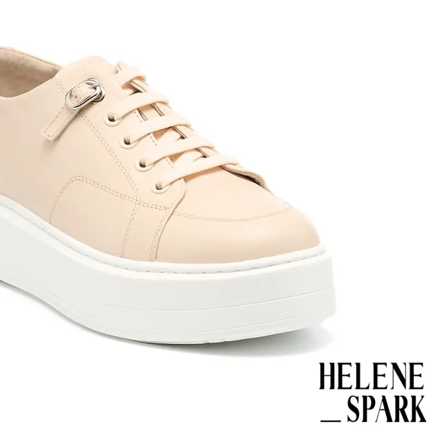 【HELENE_SPARK】舒適質感彈力鞋帶釦牛皮厚底休閒鞋(粉)